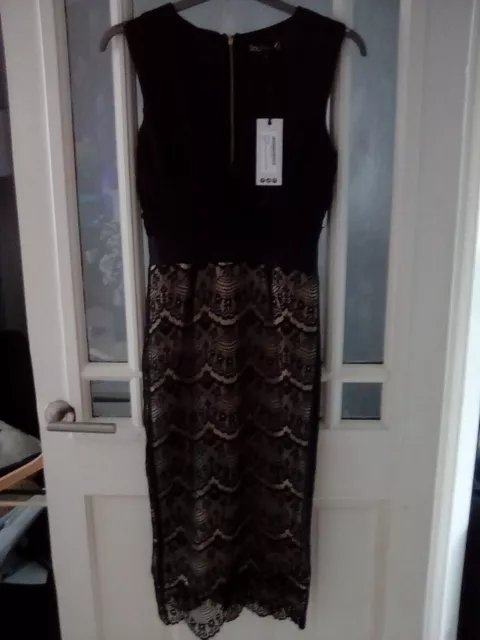 Boohoo Boutique Tasha BLACK Pleated Plunge Lace Bodycon Pencil Dress UK SIZE: 8