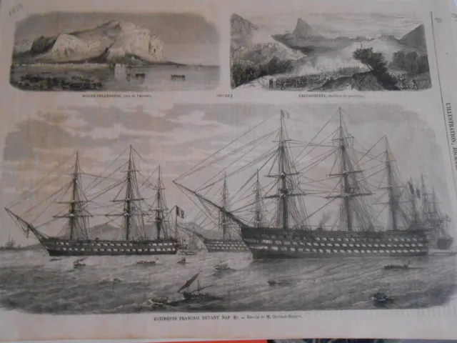 Gravure 1860 - Batiments francais devant Naples