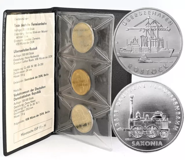 EAST GERMANY(DDR) 1988 2-Coin 5 Mark Mint Set + Medal 'Rostock & Saxonia Train'