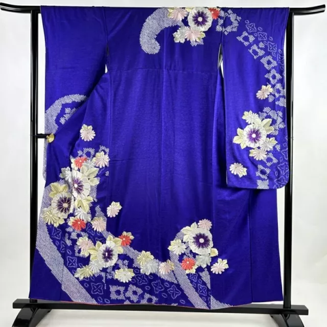 Japanese Kimono Furisode Pure Silk Chrysanthemum Embroidery Bluish Purple Color