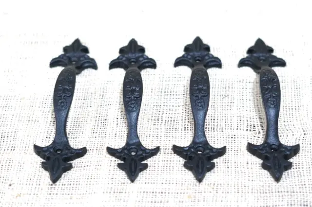 4 Cast Iron Black Handles Gate Pull Shed Door Barn Handle Fancy Drawer Pulls 2