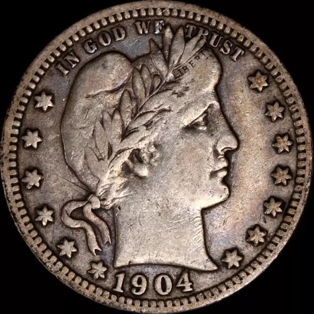 1904 Barber Silver Quarter ***Vf+*** Scarce! Color Toning! Nice!  Free Shipping!