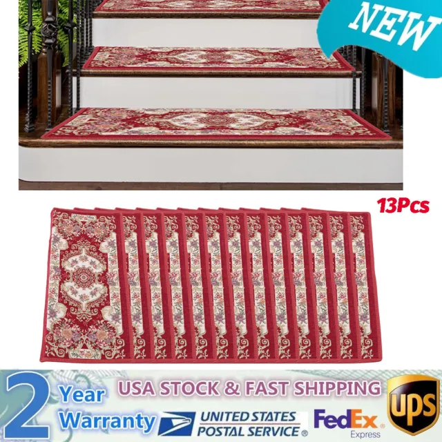 13Pcs Mat Non-Slip Washable Stair Treads Carpet Rectangular Floral Pattern Mats