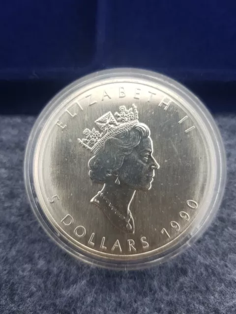 1 Oz Silbermünze 5 Dollar  Meaple Leaf 1990  Kanada, in Münzkapsel