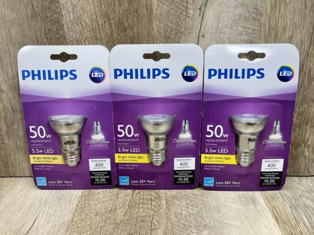 Philips Dimmable LED Indoor PAR16 Flood 50w Replacement 5.5w LED Bright White x3
