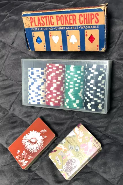 Vintage Poker Chip Card Lot Ace Plastic Clay Dice Craps 2 Decks Playing Cards