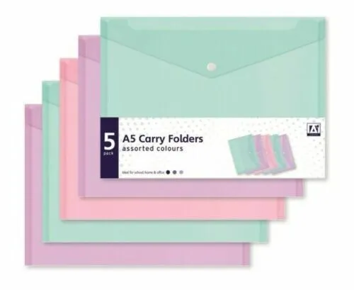 5x A5 Document Plastic Wallet pastel colours paperwork file school home office