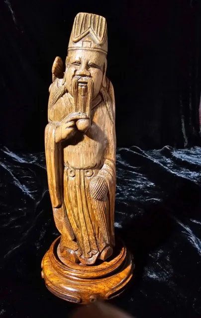 Vintage Chinese Carved Elm Wood Statue Figurine Nobleman On Rosewood Stand
