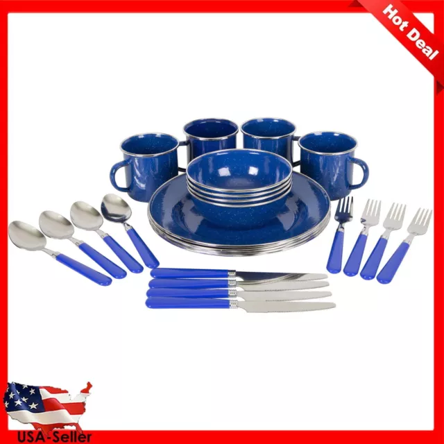 Camping Tableware Set Enamel Cups Bowls Plates Spoon Kitchen Dinnerware 24 Piece