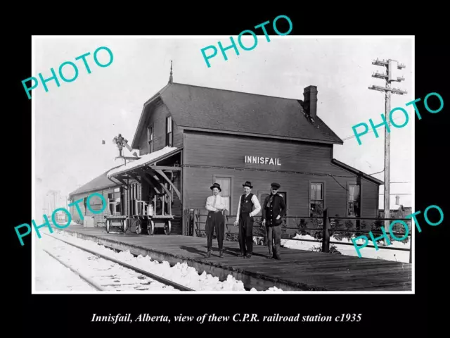 OLD POSTCARD SIZE PHOTO OF INNISFAIL ALBERTA CANADA CPR RAILWAY STATION c1935