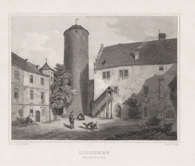 Lißberg Burghof Hessen Grabado de Acero Grabado Lebsche Pestillo 1840