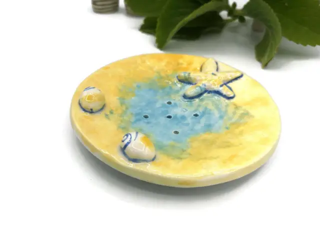 Artisan Ceramic Soap Dish, Handmade Blue & Yellow Soap Bar Holder For Bathroom