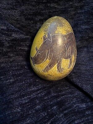 Hand Carved Soap Stone Egg Souvenir Africa Kenya Rhino And Tree African Art Gift