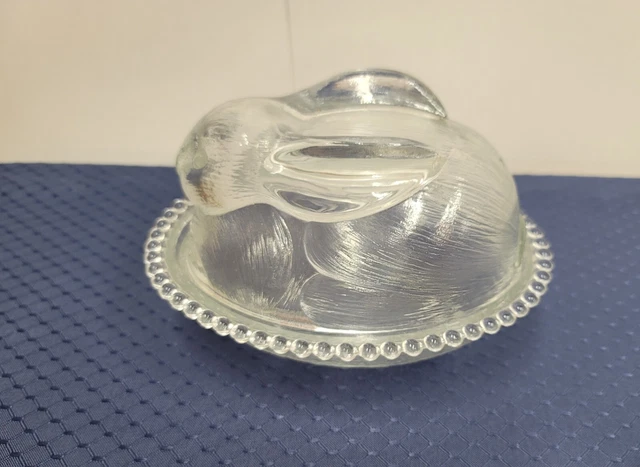 Vintage Indiana Glass Clear Glass Bunny  On A Nest Rabbit On A Basket Easter