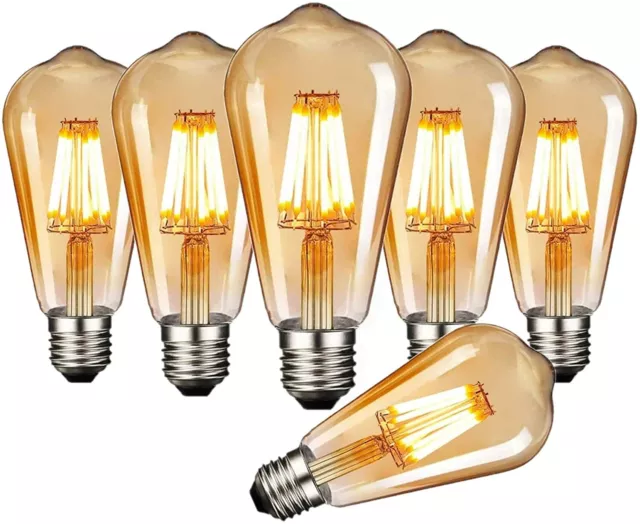 UK Vintage LED Edison Light Bulb 4W E27 Amber Glass ST64 2700K 330LM Pack of 6.