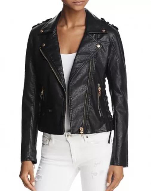 NEW BLANKNYC Denim Lace-Up Faux Leather Moto Jacket - Black - Small