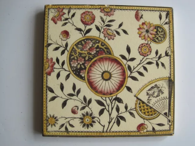 Antique 6" Victorian Japanesque Transfer Print & Tint Tile - Fan, Flowers Etc.