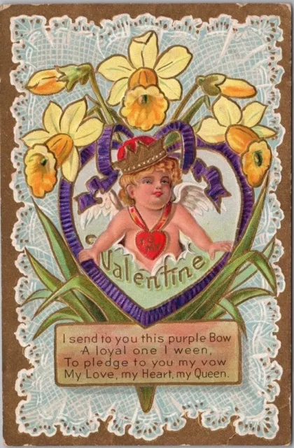 VALENTINE'S DAY Embossed Postcard Cupid / Cherub / Daffodil Flowers 1911 Cancel