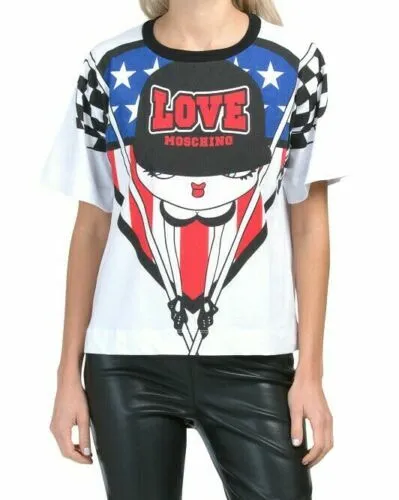 LOVE MOSCHINO Racing Flags Heart Pinup Girl Graphic T-Shirt Tee EU44/US 8 NWT