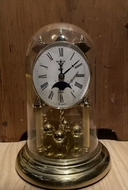 Bulova West Germany Moon Phase Mantel Clock Quartz Brass Roman Numerals B8525