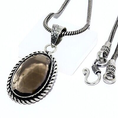 Natural Smoky Quartz Oval Gemstone Handmade Pendant With Chain Gift Jewelry