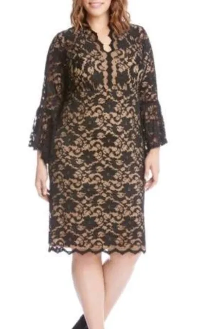 Karen Kane Plus Size Flare Sleeves Lace Stretch Black Dress 1X Retail $178