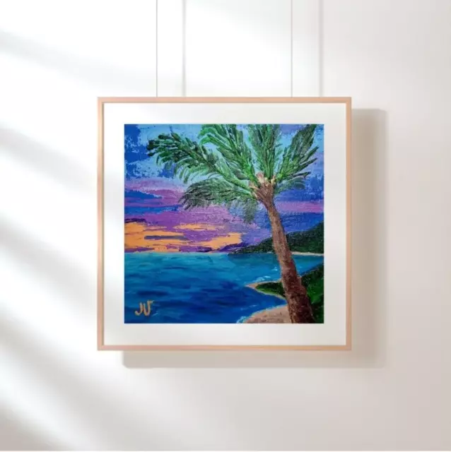 Hawaii Peinture Paysage Marin Original Acrylique Œuvre Océan Palm Coucher...