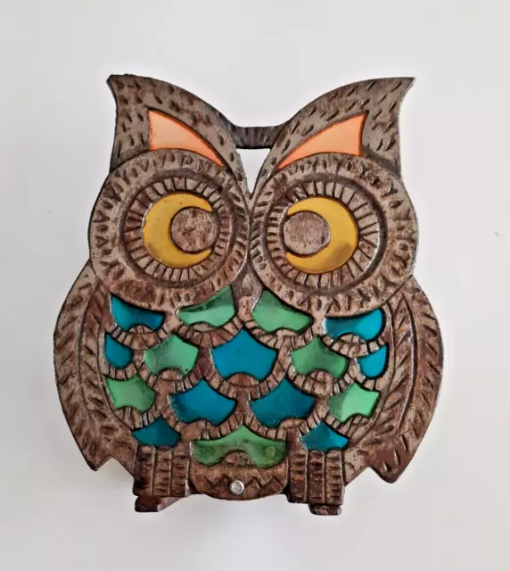 Vintage Owl Napkin Holder Stained Glass Cast Iron Mid Century Modern Retro Decor