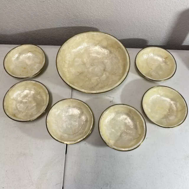6 +1 Capiz Scalloped Shell Bowls Brass Edging Candy Salad Trinket Dish Delicate