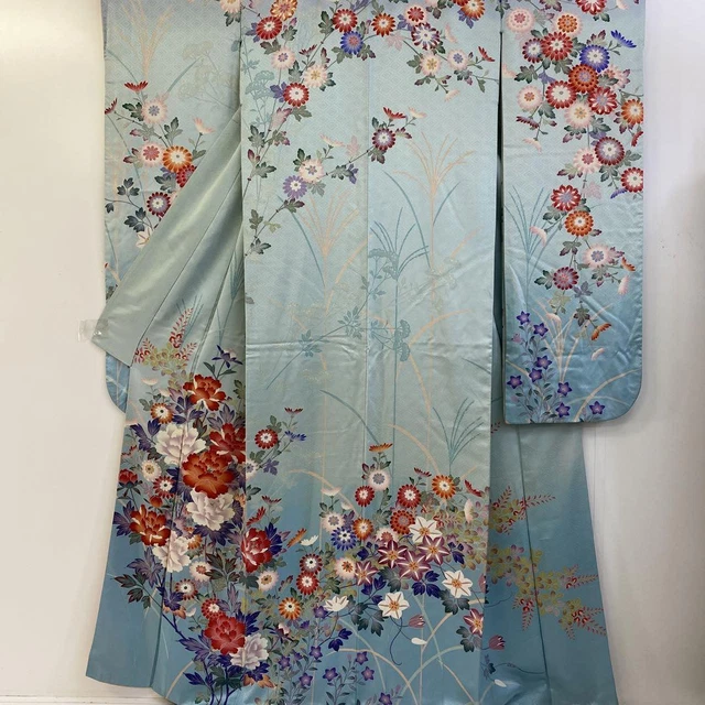 JAPANESE KIMONO FURISODE PURE SILK VINTAGE ANTIQUE 178.5cm 5' 10" 2041