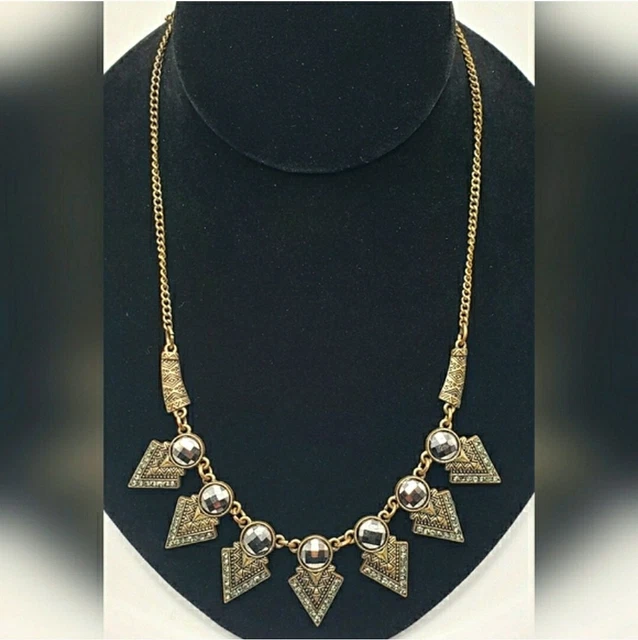 Station Necklace Gold Bronze Tribal Arrowhead Pendants Black Rhinestones MN143