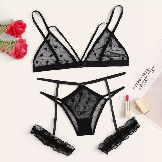 New Women Plus Size Lace Lingerie Bra+Thong Underwear Set Black Sleepwear