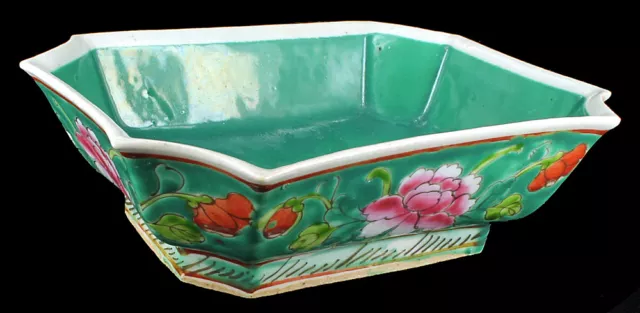 Antique 19thC Chinese Famile Rose Bulb Bowl Turquoise Ground Hand Painted