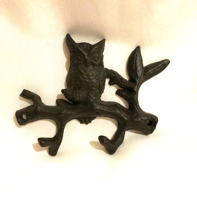 Owl Branch Double Wall Hook Cast Iron Keys Towel Hanger Rustic