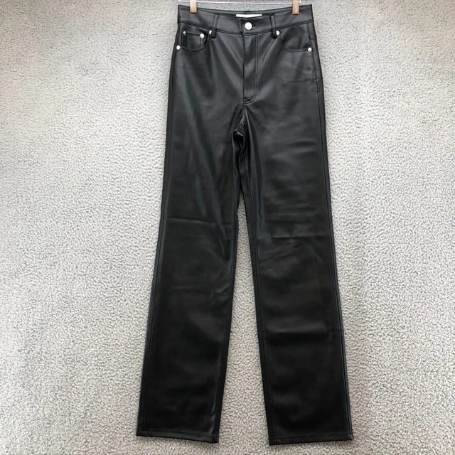 Zara Pants Womens 2 Black Faux Leather Straight Leg Mid Rise Flat Front Button