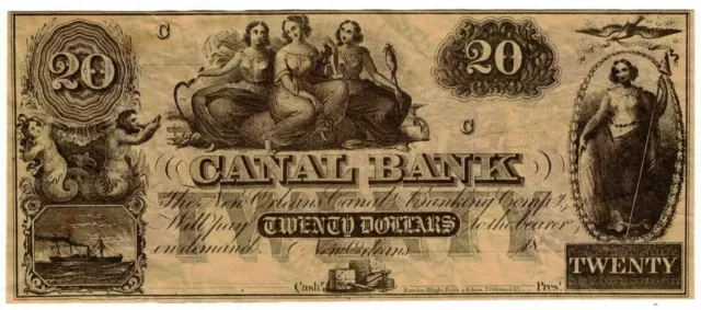 1800'S Canal Bank $ 20 Dollars New Orleans Note