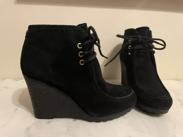 Michael Kors MK Rory Wedge Booties Black Suede Ankle Boots Lace Up Size 6