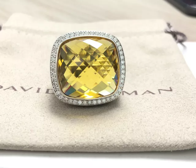 David Yurman Sterling Silver Albion 20mm Lemon Citrine & Diamond Ring Size 8 2