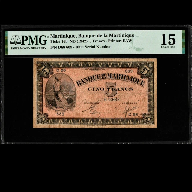 Banque de la Martinique 5 Francs 1942 PMG 15 Choice Fine P-16b(2) Blue Serial