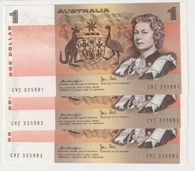 1979 Australia 3 X $ 1 Consecutive Banknotes - R77 - Knight/Stone - UNC # 31373