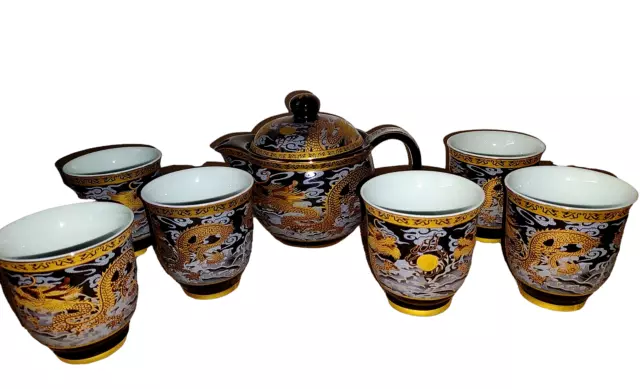 Chinese Asian Ceramic Tea Pot Strainer 6 Cups Dragon Design Gold Black Silver