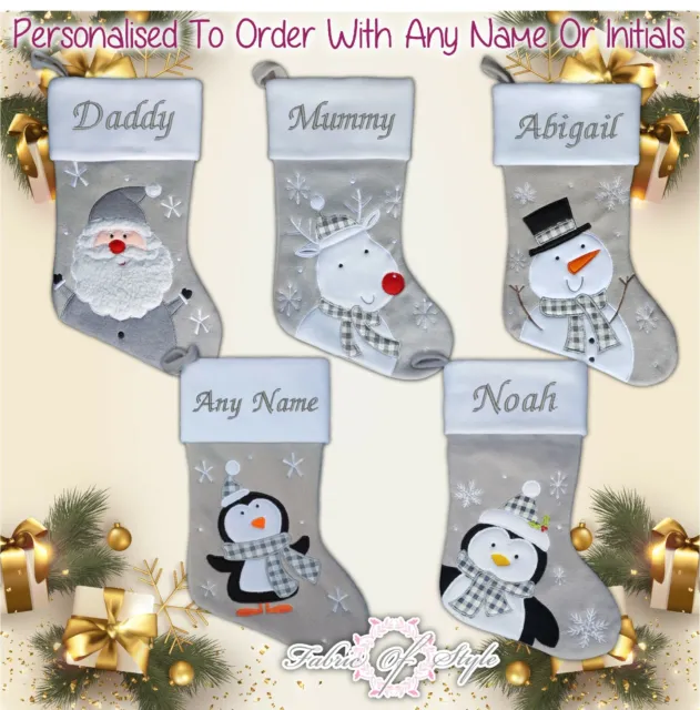 Personalised Christmas Stocking  Luxury Embroidered Xmas Santa Sack  Grey