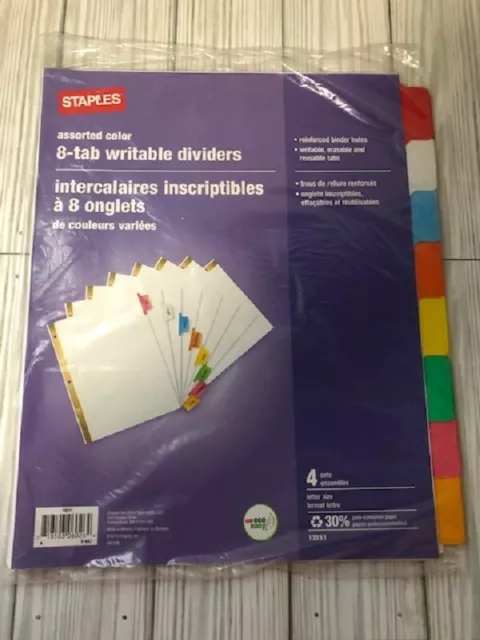 Staples 13511 Assorted Color 8-Tab/4 Sets Letter Size Writable Paper Dividers