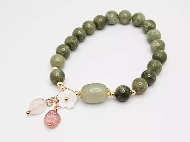 Shell Flower Crystal Beaded Bracelet, Green Jade Stone Beads, For Women