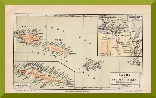 antike Landkarte von +SAMOA+ 1889 old map +SCHIFFER-INSELN+ Upolo,Savah,Apia