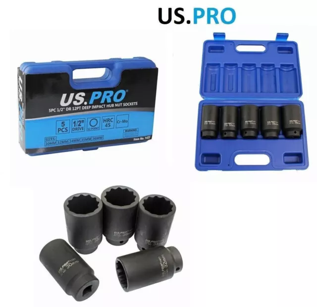 US PRO Tools 5 Stck. 1/2" Antrieb Tiefschlag Dünnwandige Nabe Mutter Steckdosen 12 Punkt