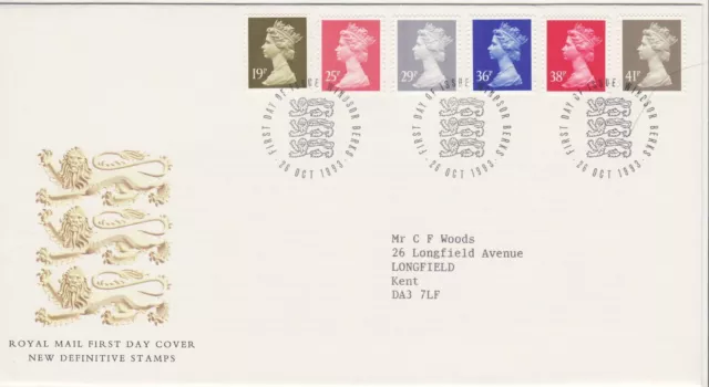 GB Stamps First Day Cover Definitive, six values 19p to 41p SHS Three Lions 1993