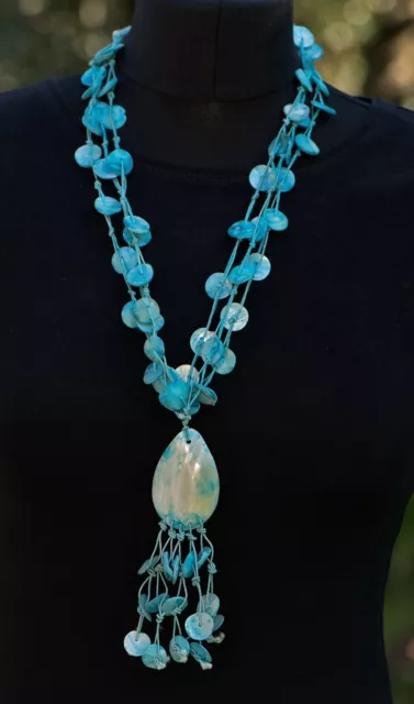 Blue Shell Necklace Vintage Boho Long Multistrand Used Ethnic Beach Jewelry
