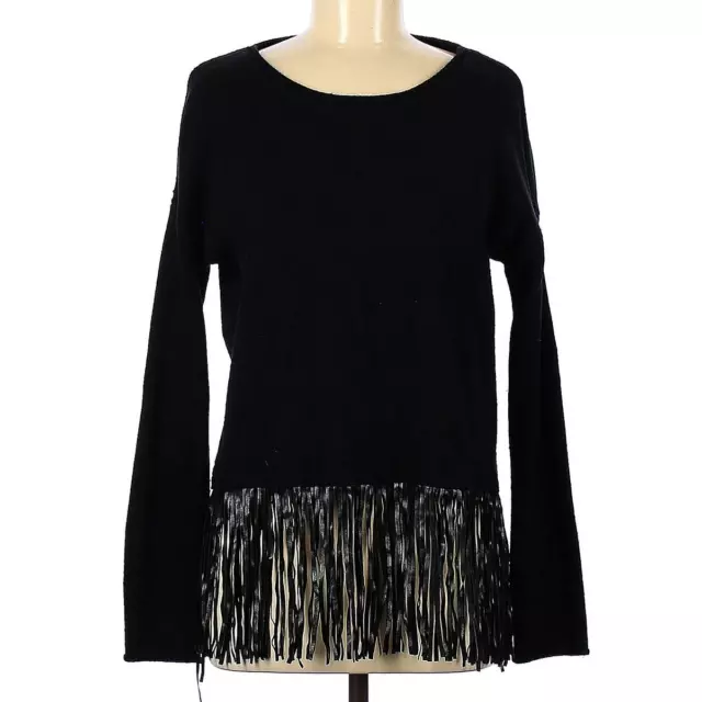 John + Jenn Black Knit Faux Leather Fringe Scoop Neck Boho Pullover Sweater Med