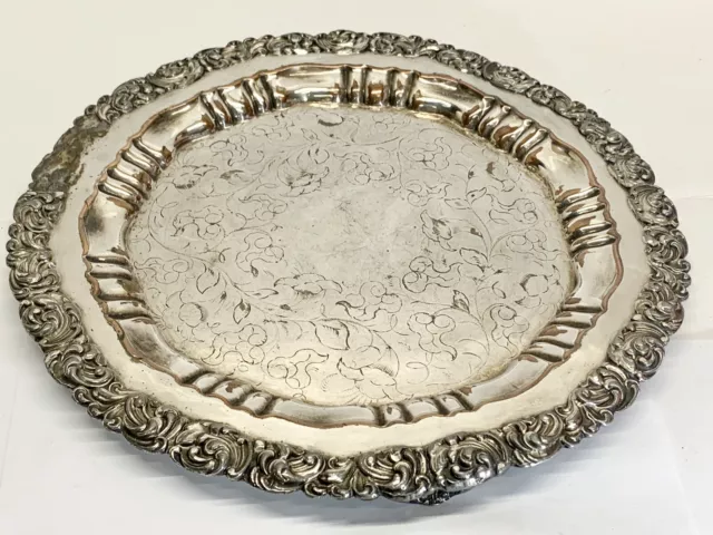 Antique Edwardian Silver Plate on Copper Sol Goldfeder Salver Ornate Round Tray